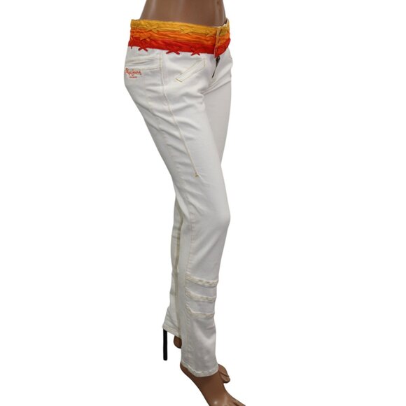 Vintage Y2K Mid Rise Pepe Jeans 73 White Skinny Pants Retro Patch Size 27 - Picture 3 of 9